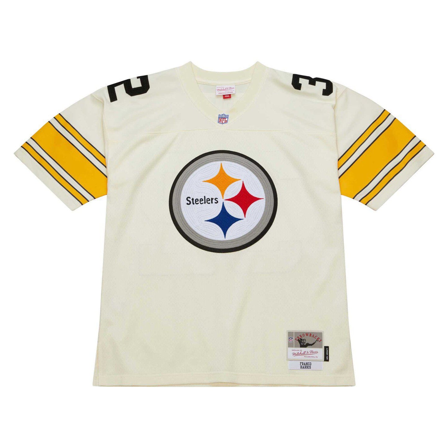 Men's Mitchell & Ness Franco Harris Cream Pittsburgh Steelers Chainstitch Legacy Jersey